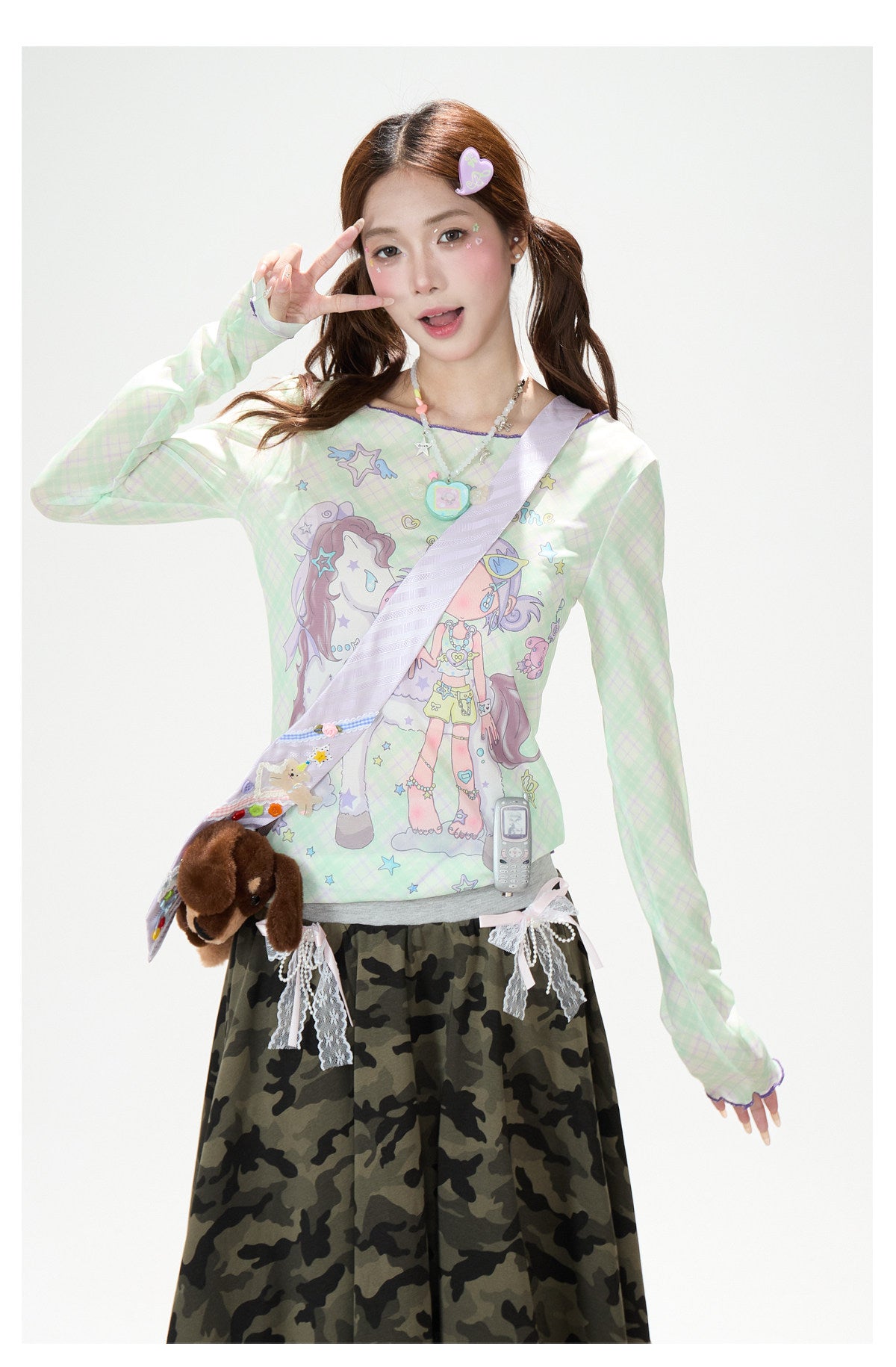 Dreamy Cartoon Plaid Long Sleeve Top & Camo Lace Midi Skirt