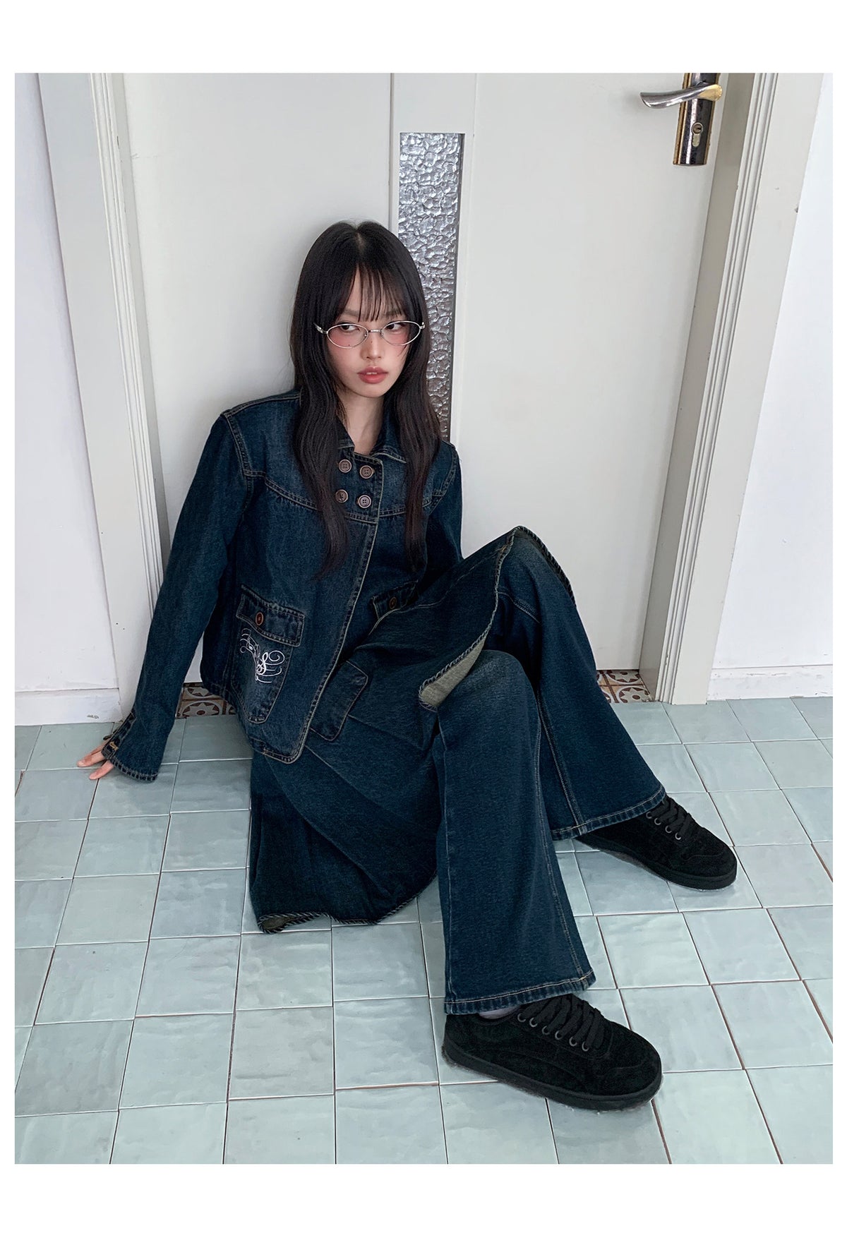 Washed Denim Music-Note Embroidered Jacket