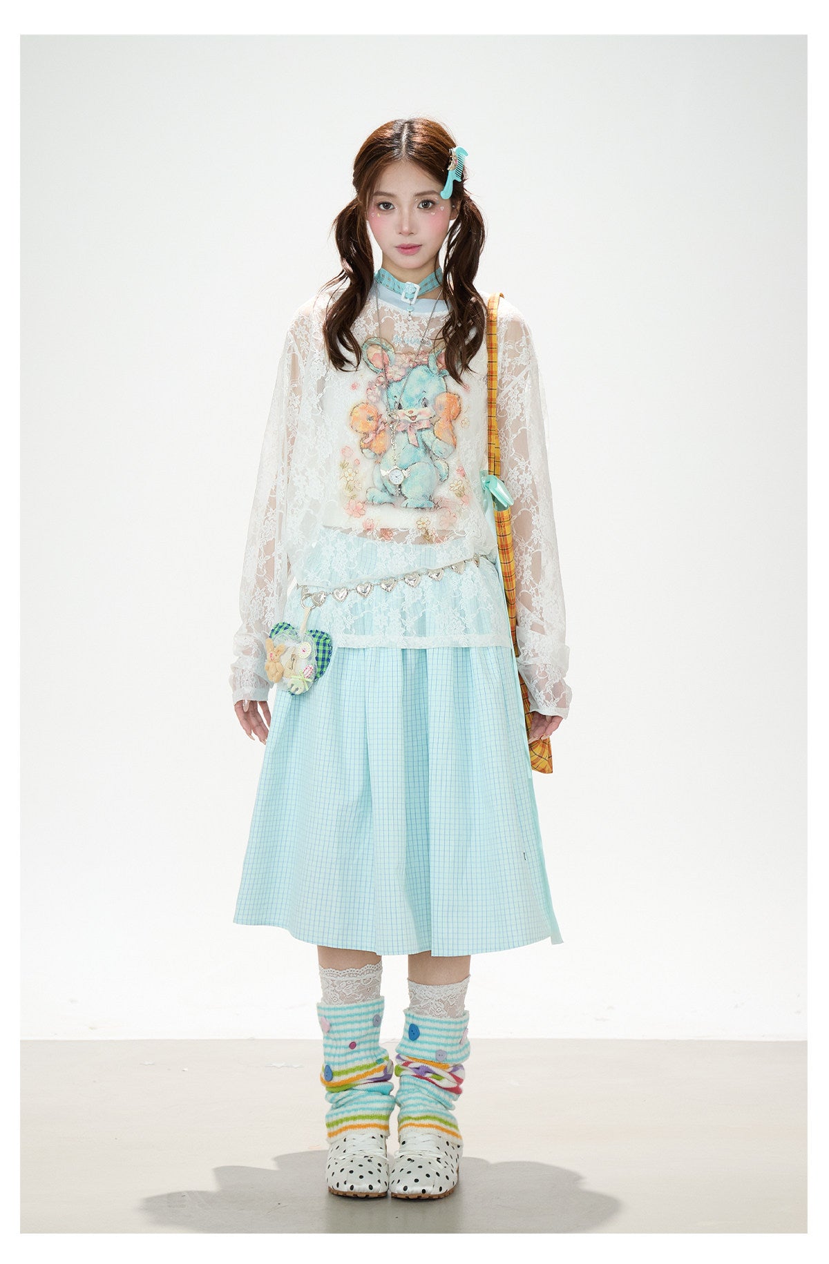 Bunny Sheer Lace Long Sleeve Top & Mint Plaid A-Line Skirt