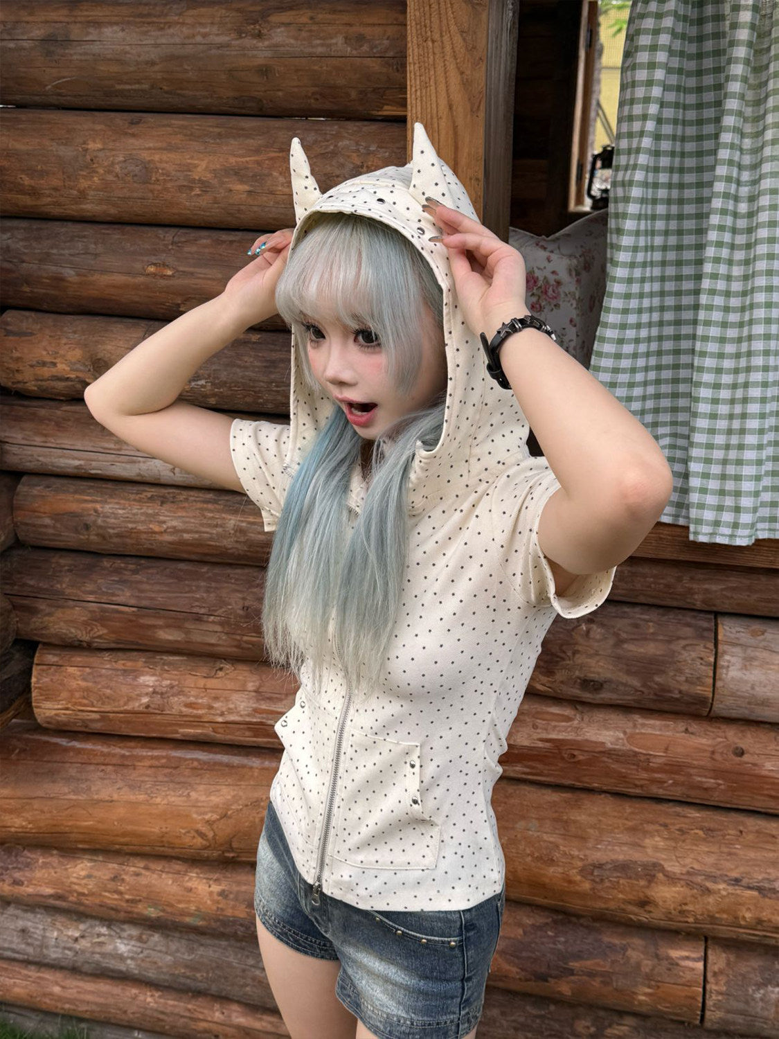 Devil Horn Star-Stud Short Sleeve Zip Hoodie