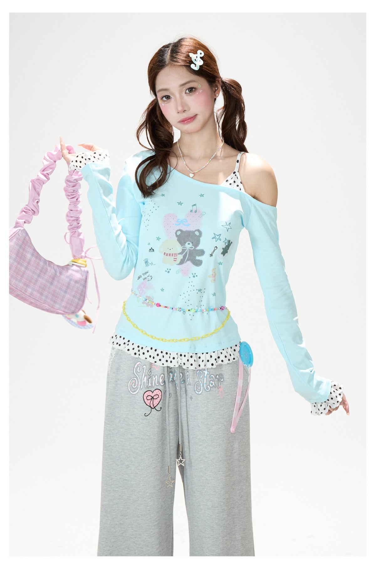 Dreamy Cartoon Off-Shoulder Layered Long Sleeve Top & Polka Dot Wide-Leg Pants