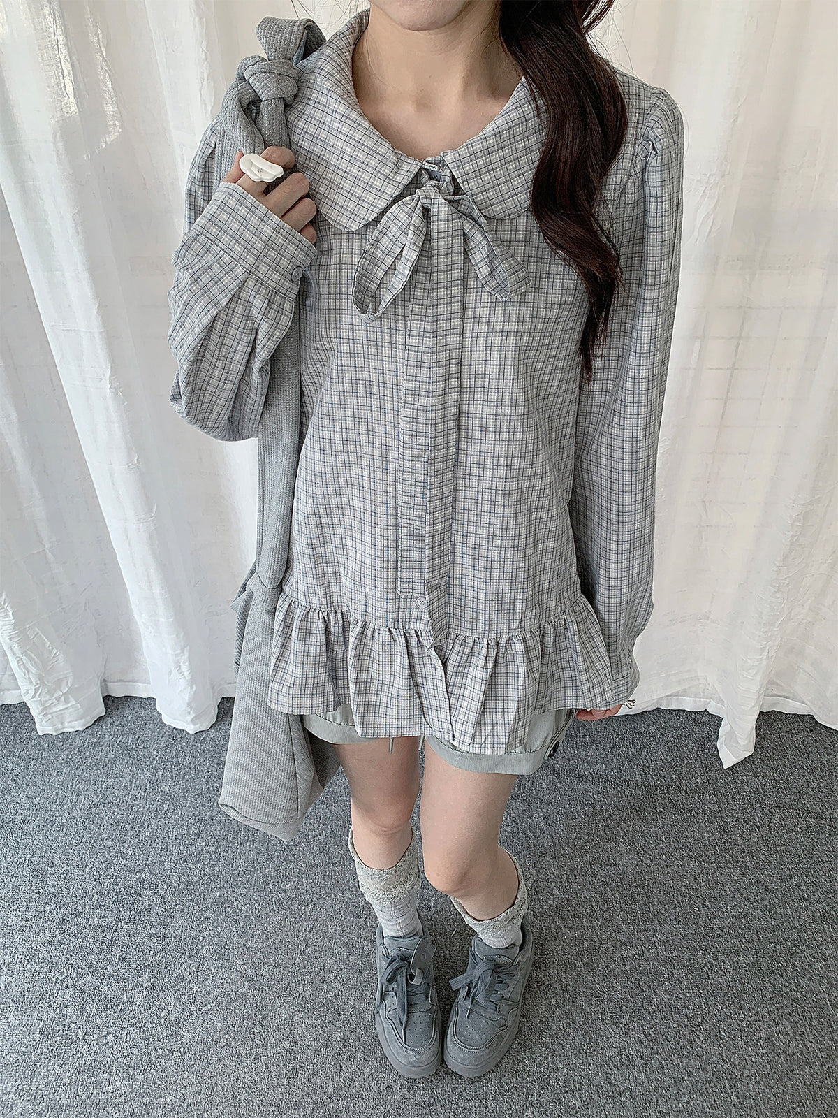 Plaid Bow Collar Ruffle Long Sleeve Blouse