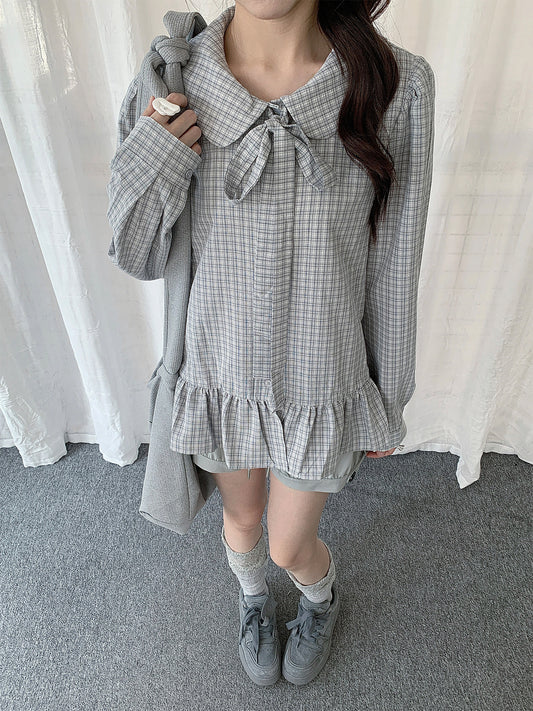 Plaid Bow Collar Ruffle Long Sleeve Blouse