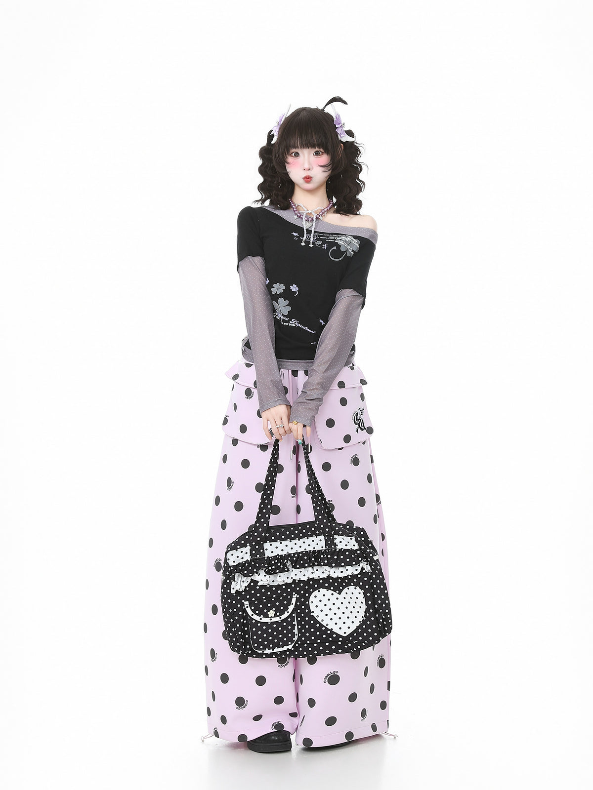 Polka Dot Utility Pocket Wide-Leg Sweatpants
