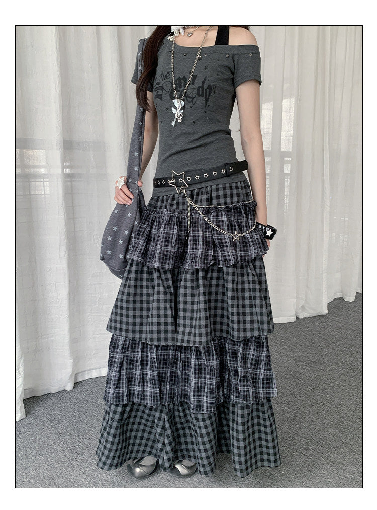 Plaid Patchwork Tiered Maxi Skirt