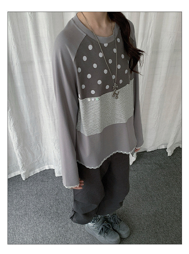 Polka Dot Stripe Lace-Trim Patchwork Long Sleeve Top