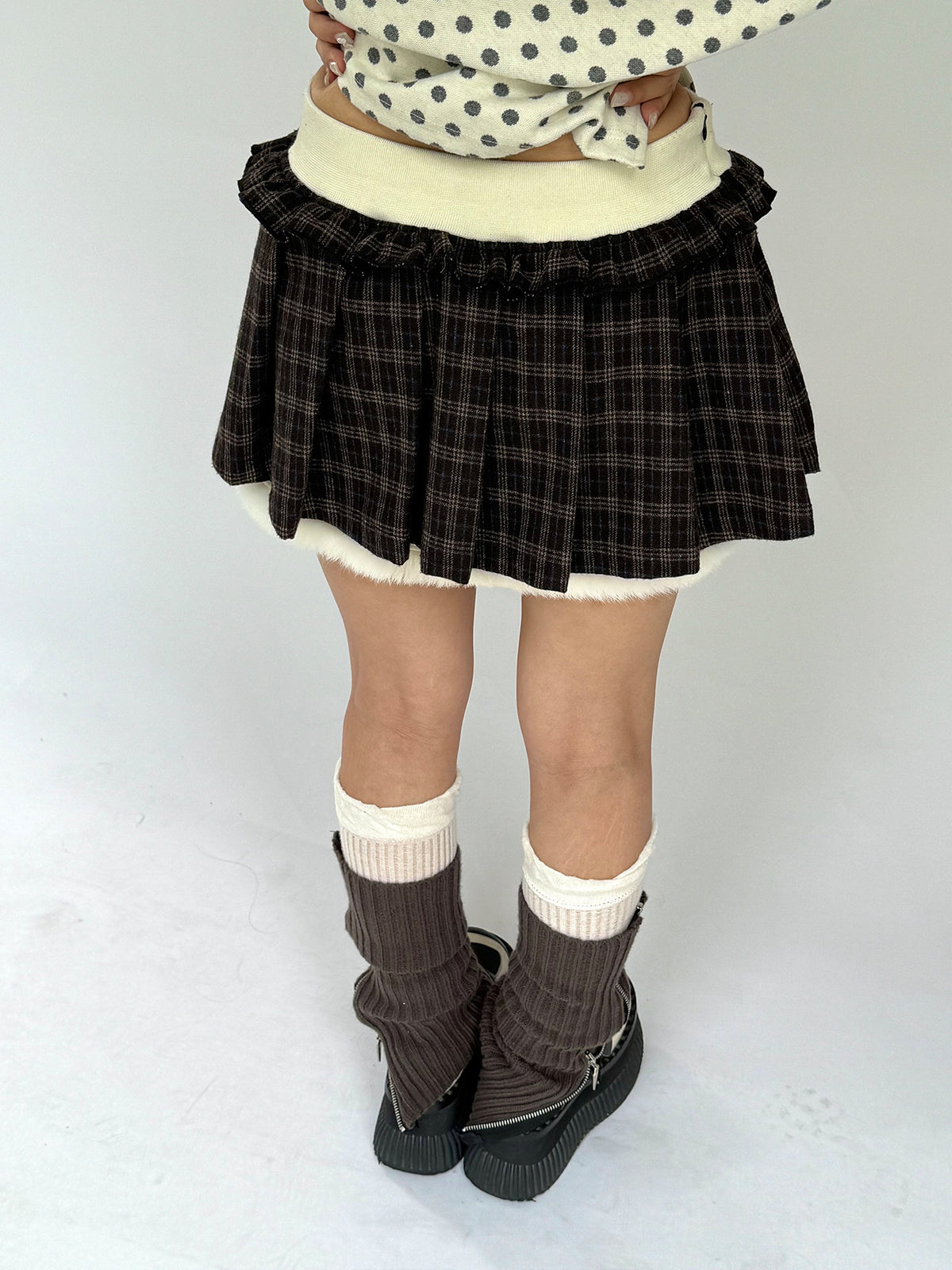 Brown Plaid Fuzzy-Trim Pleated Mini Skirt
