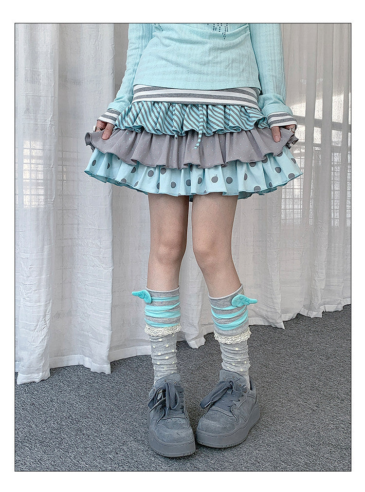 Polka Dot Stripe Tiered Ruffle Mini Skirt