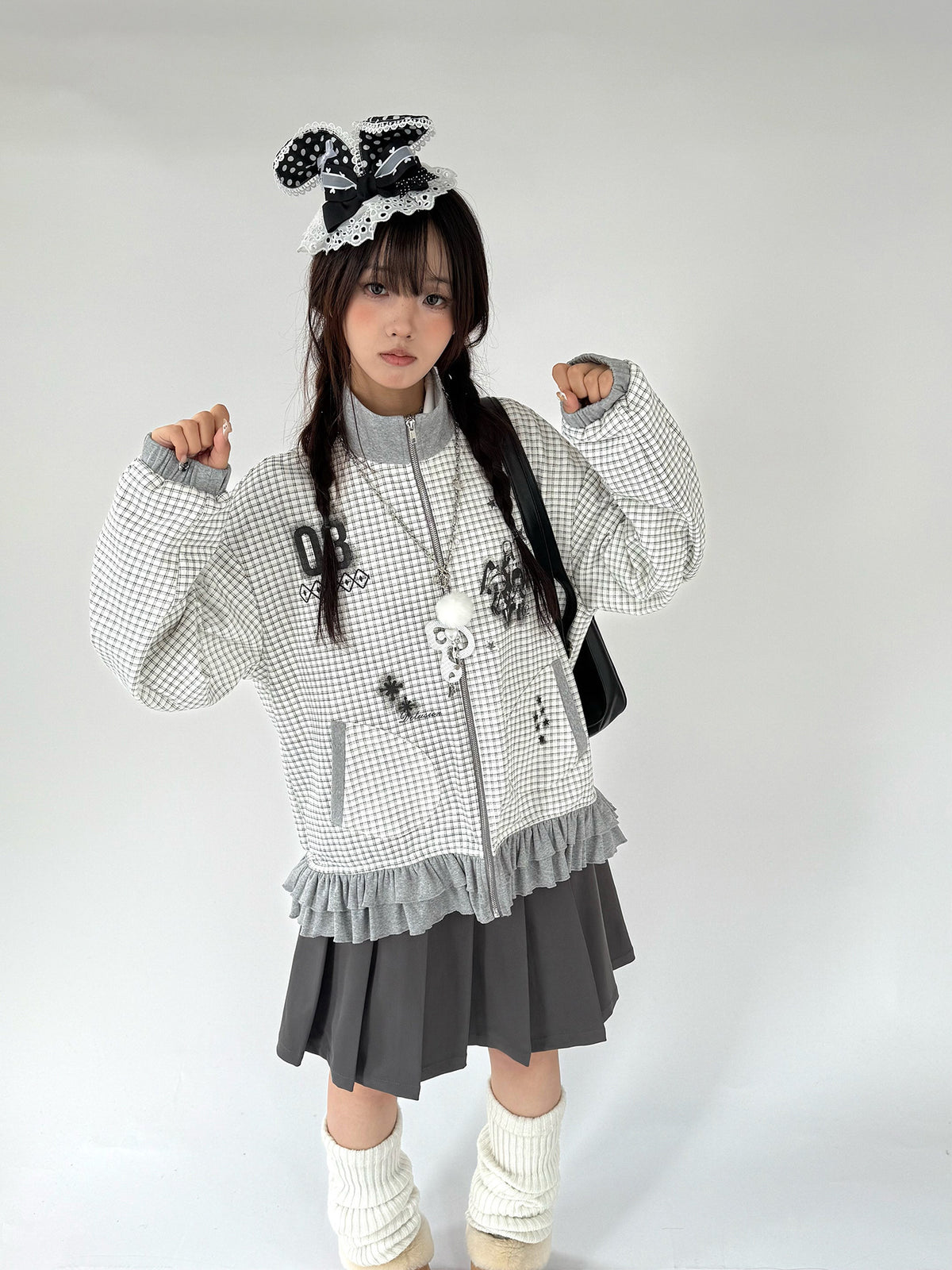 Sugar Check Graphic Ruffle-Hem Zip-Up Jacket