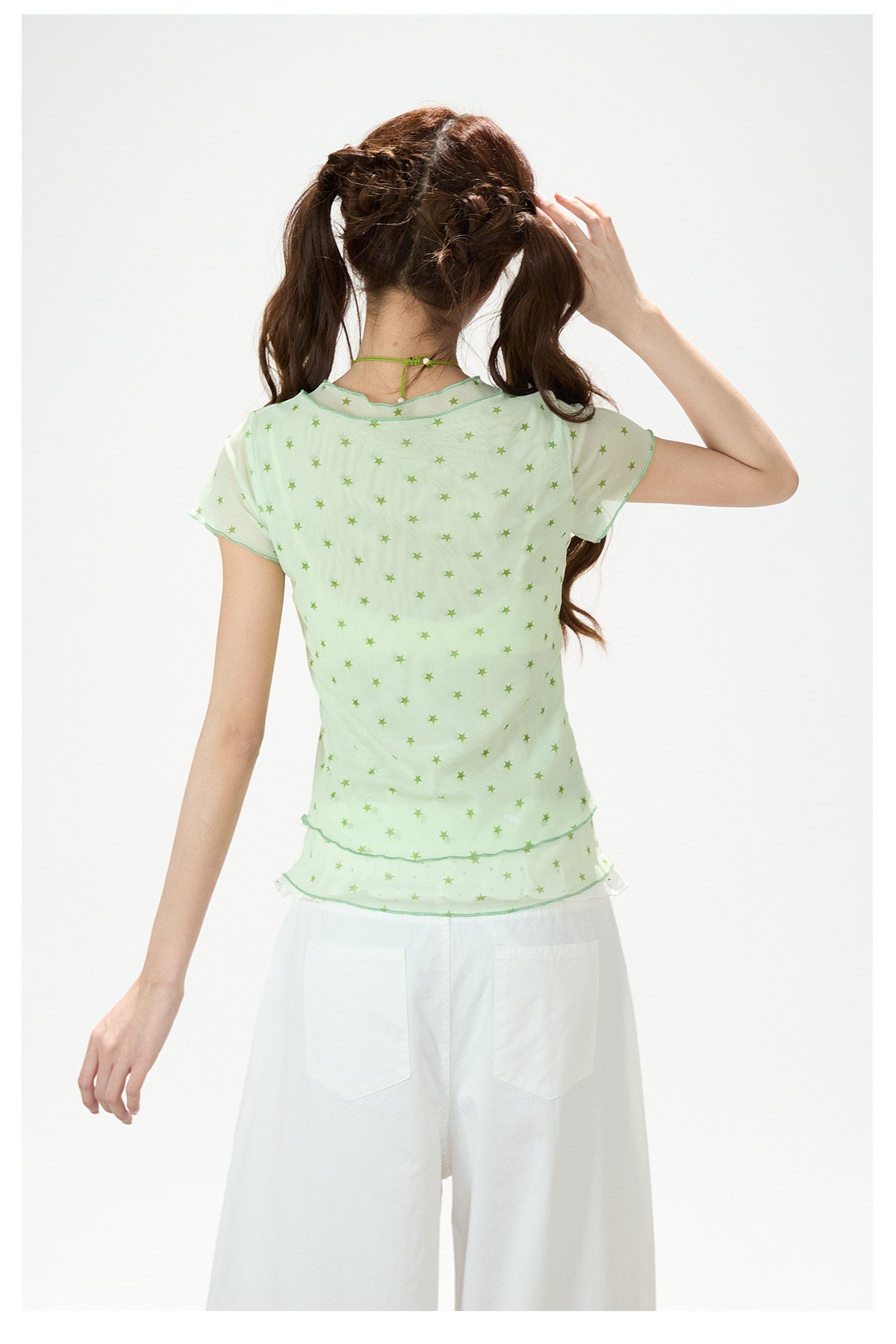 Star Mesh Baby Tee & White Wide-Leg Pants