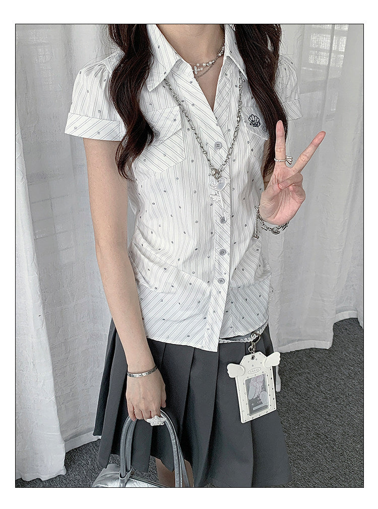Silver Dot Pinstripe Fitted Short-Sleeve Shirt
