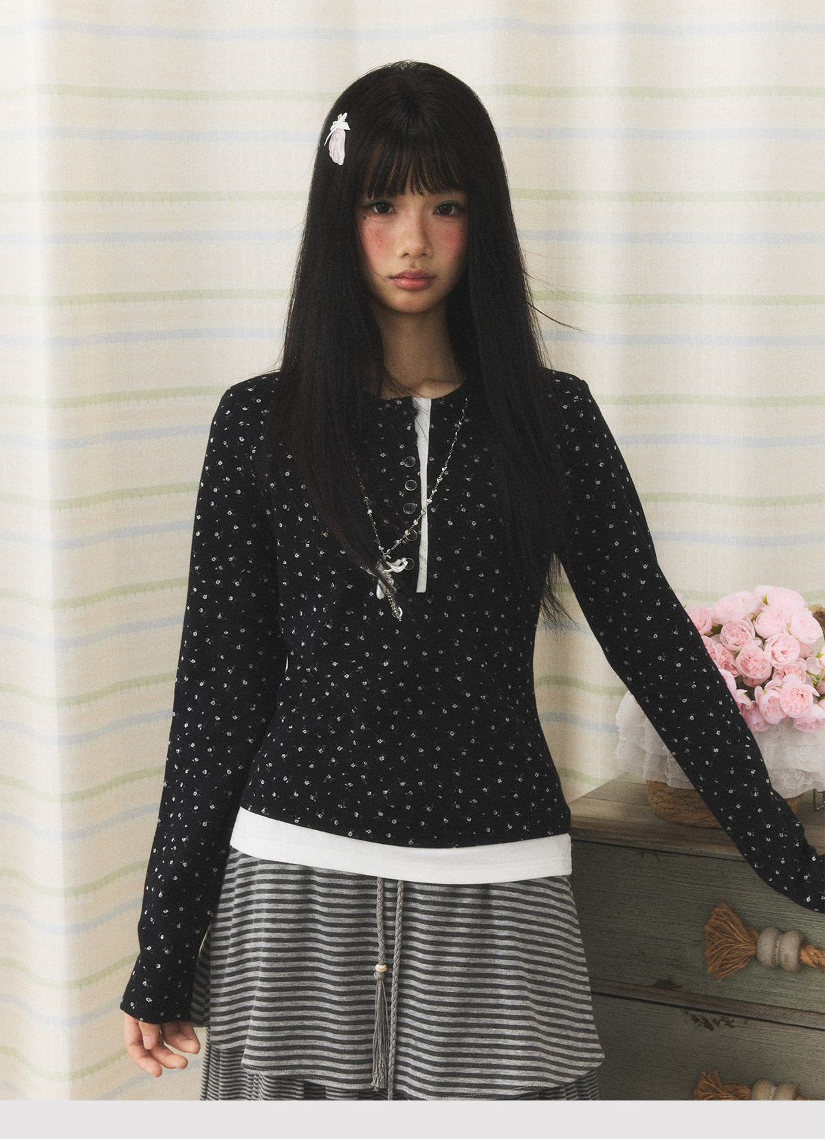 Floral Henley Faux-Layer Long Sleeve Top