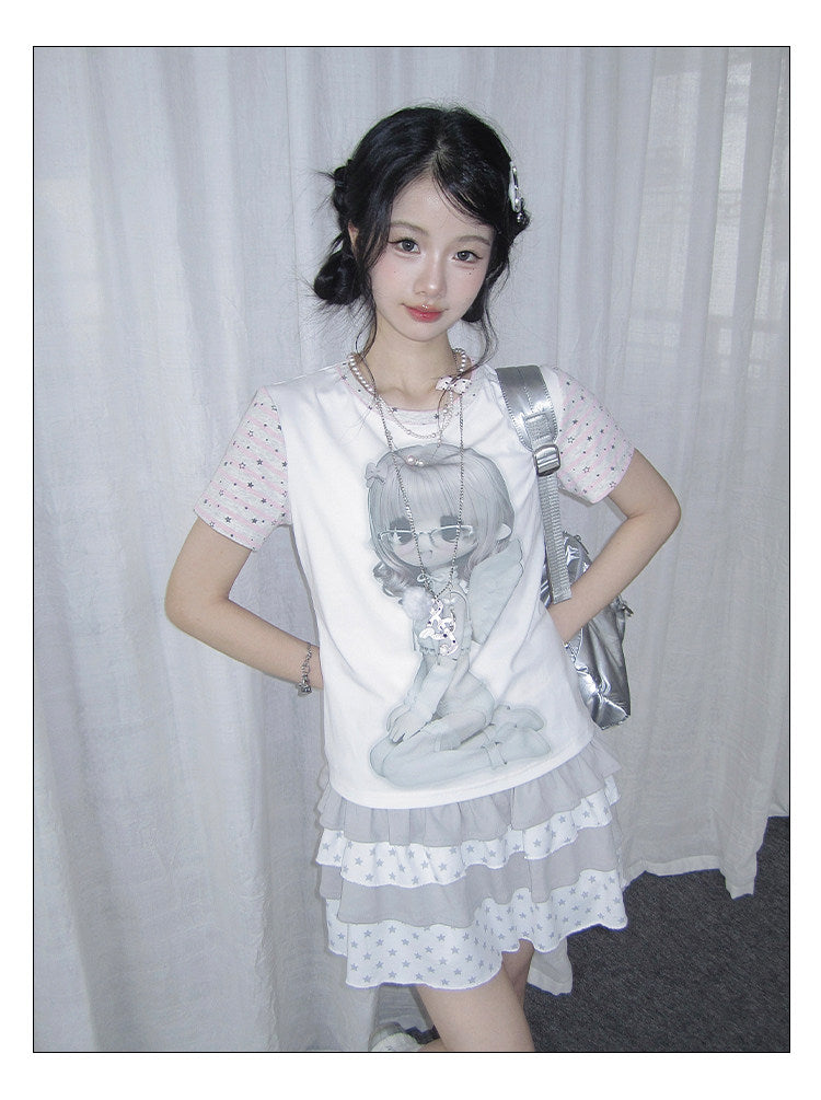 Angel Girl Contrast Sleeve Graphic Tee