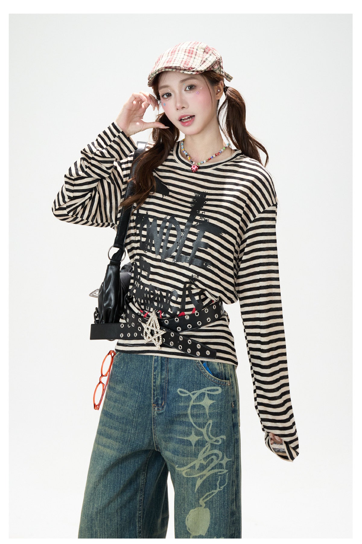 Distressed Striped Long Sleeve Top & Graphic Wide-Leg Pants