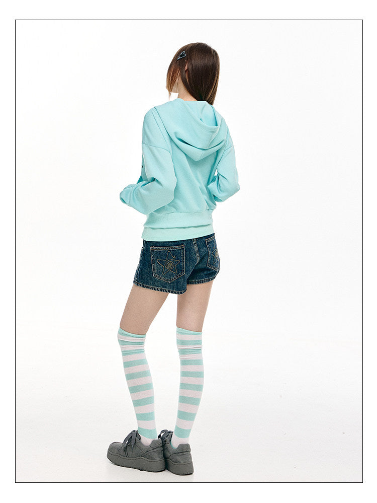 Mint Star Double-Zip Cropped Hoodie