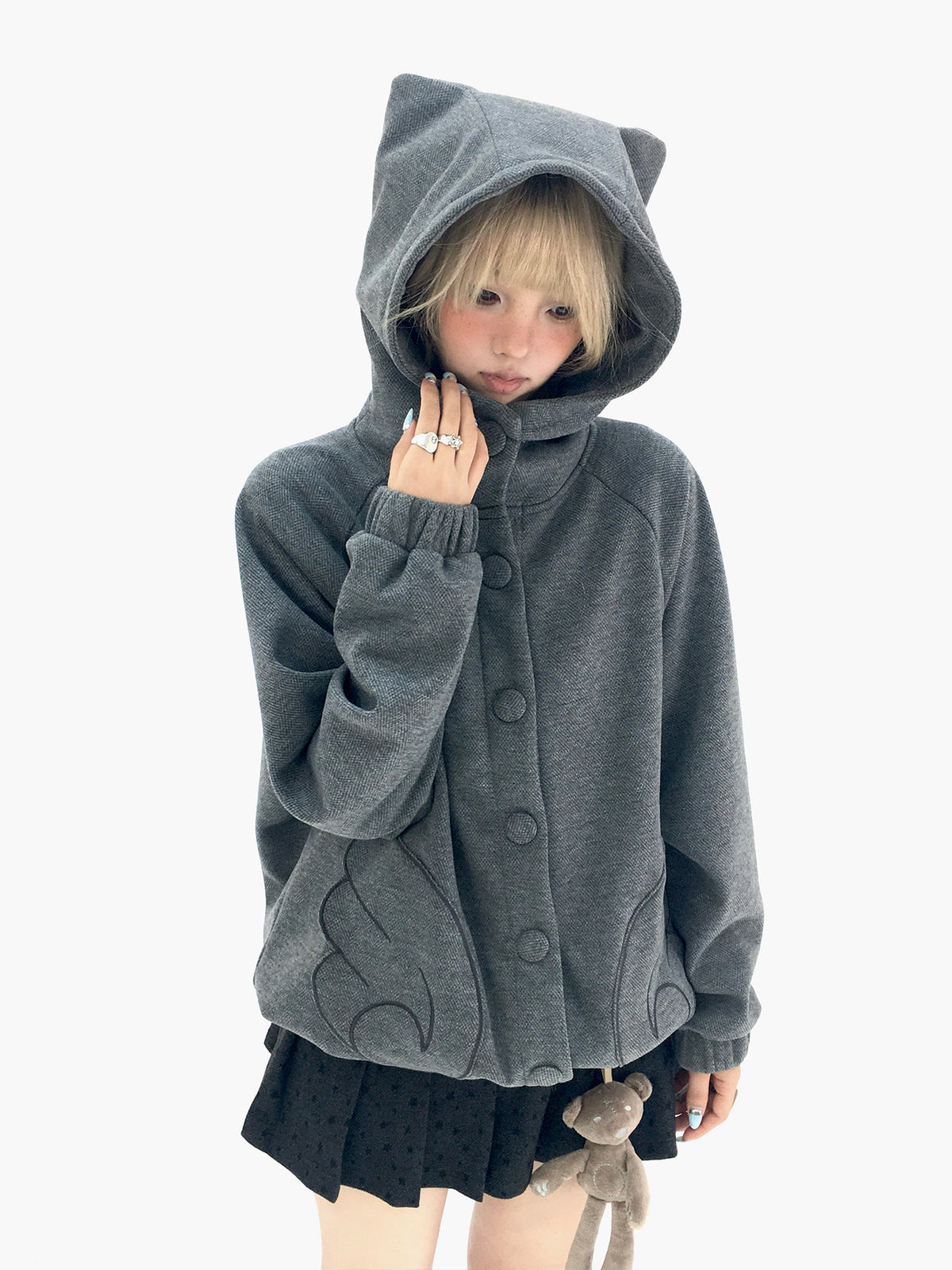 Cloud Gray Cat Ear Wing Pocket Hooded Jacket