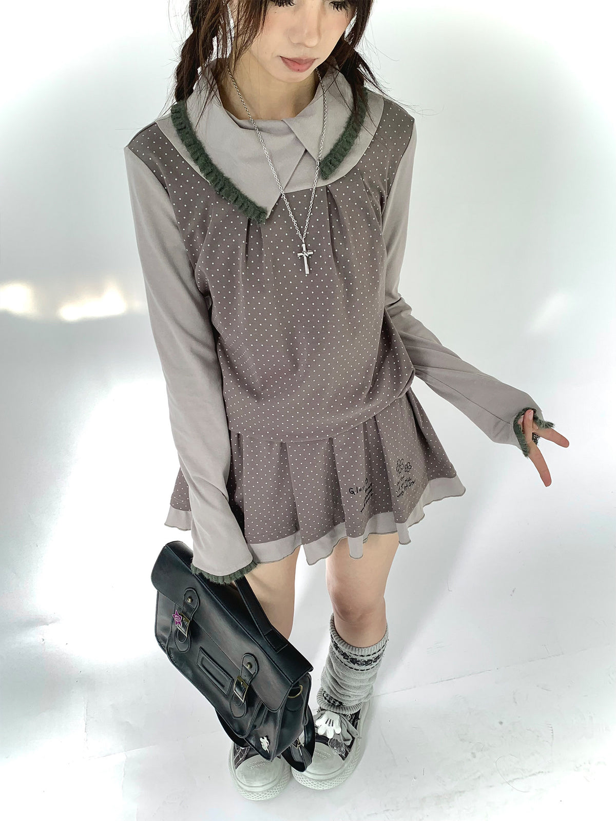 Gray Khaki Polka Dot Faux-Layer Pleated Mini Dress