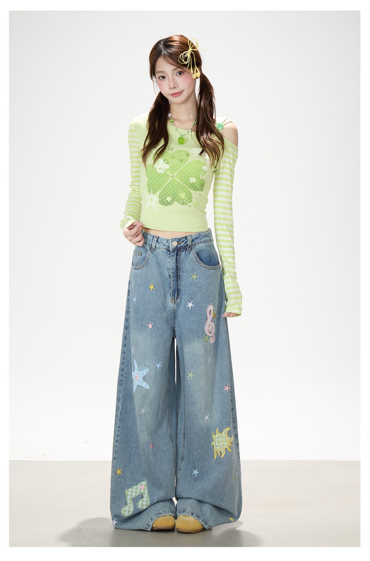 Star Music Note Embroidered Washed Wide-Leg Jeans