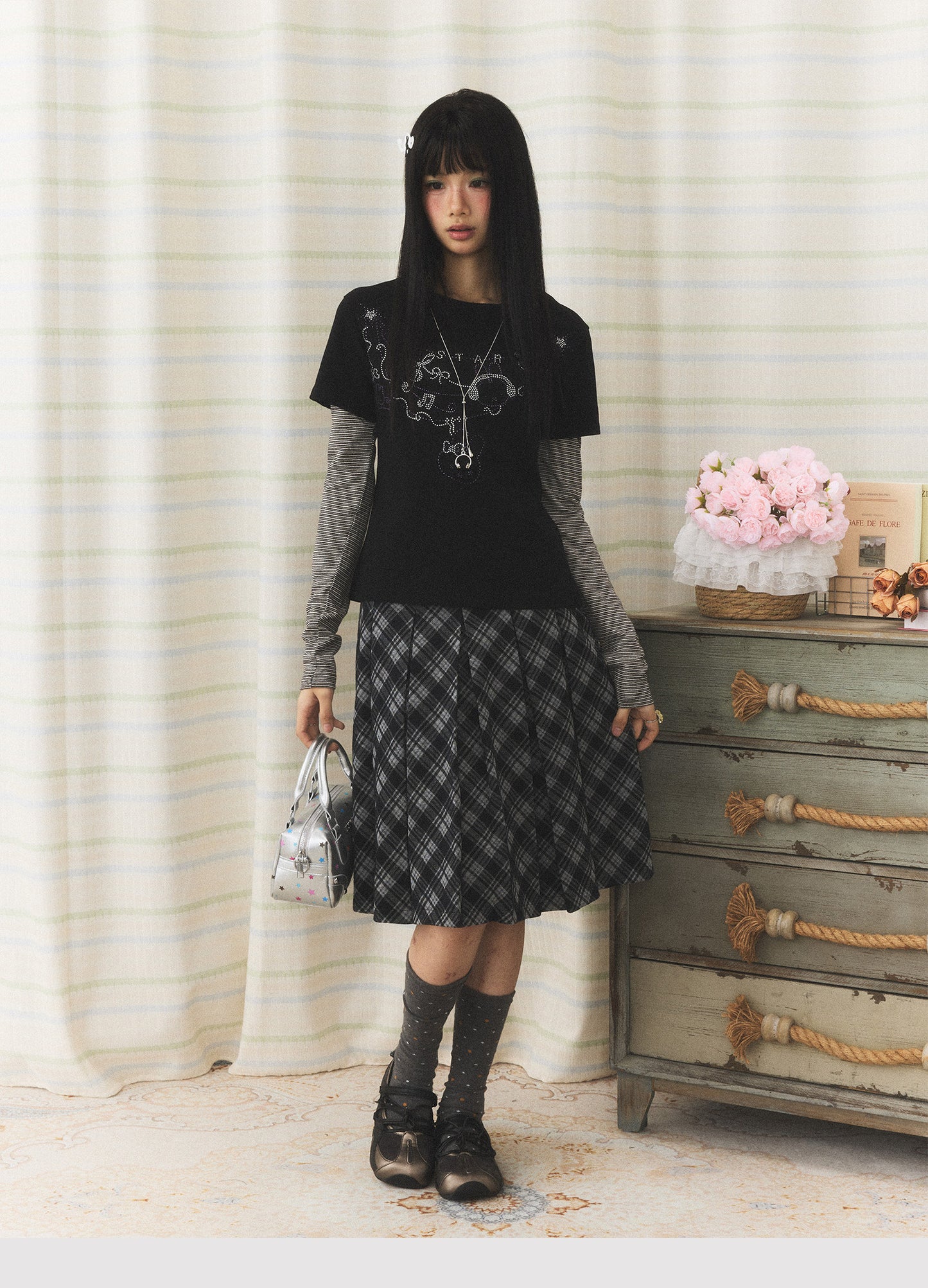Rhinestone Melody Faux-Layer Stripe Long-Sleeve Tee