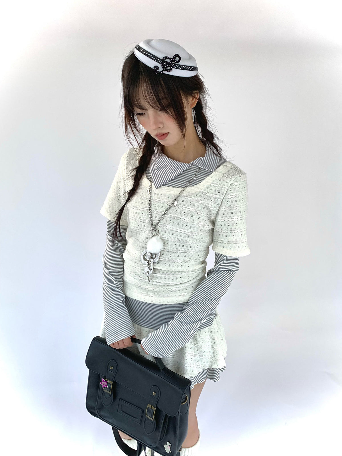 Milk Mist Lace & Stripe Faux-Layer Mini Dress