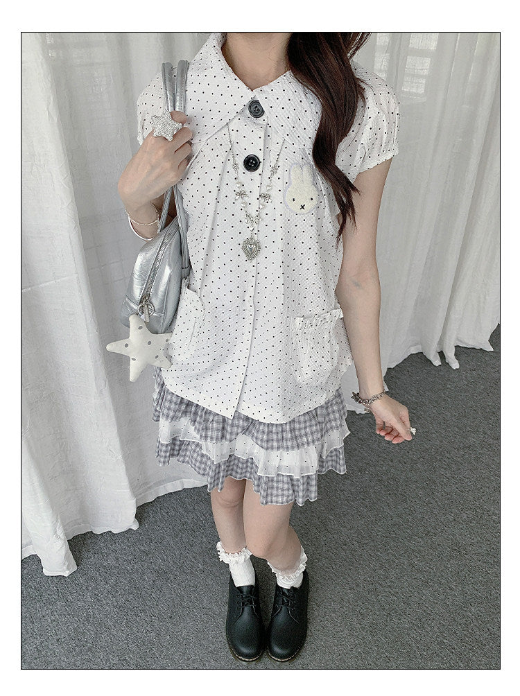 Polka Dot Bunny Patch Puff-Sleeve Shirt