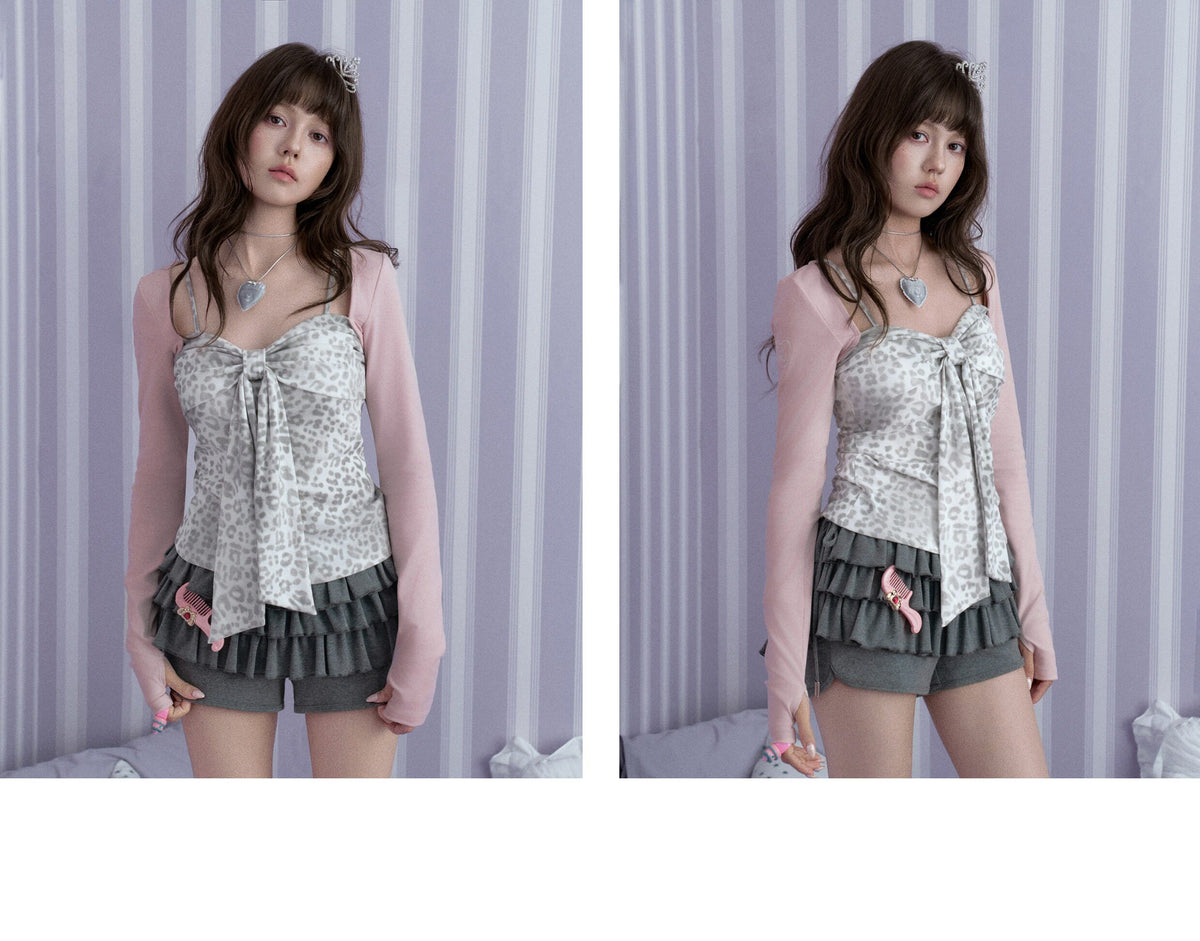 Pink Leopard Bow Faux-Layered Long-Sleeve Top