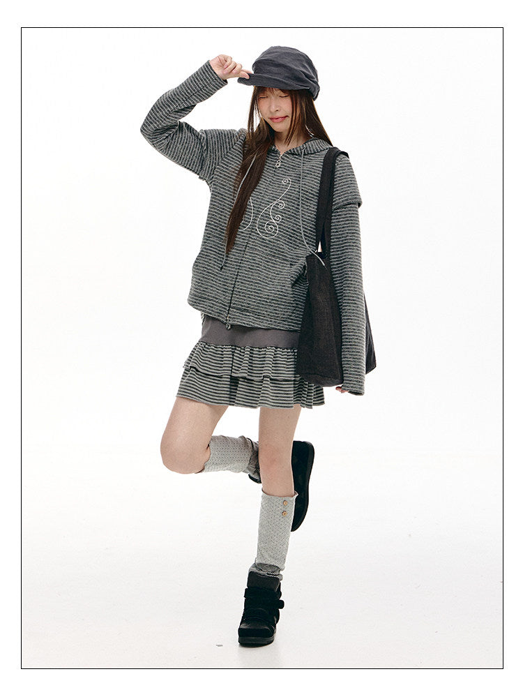 Charcoal Stripe Music Note Faux-Layer Zip Hoodie