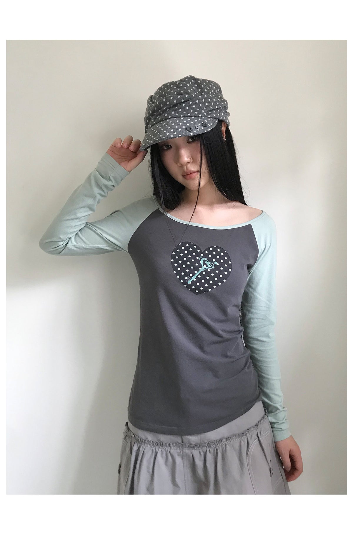 Polka Dot Heart Key Contrast Raglan Long Sleeve Tee