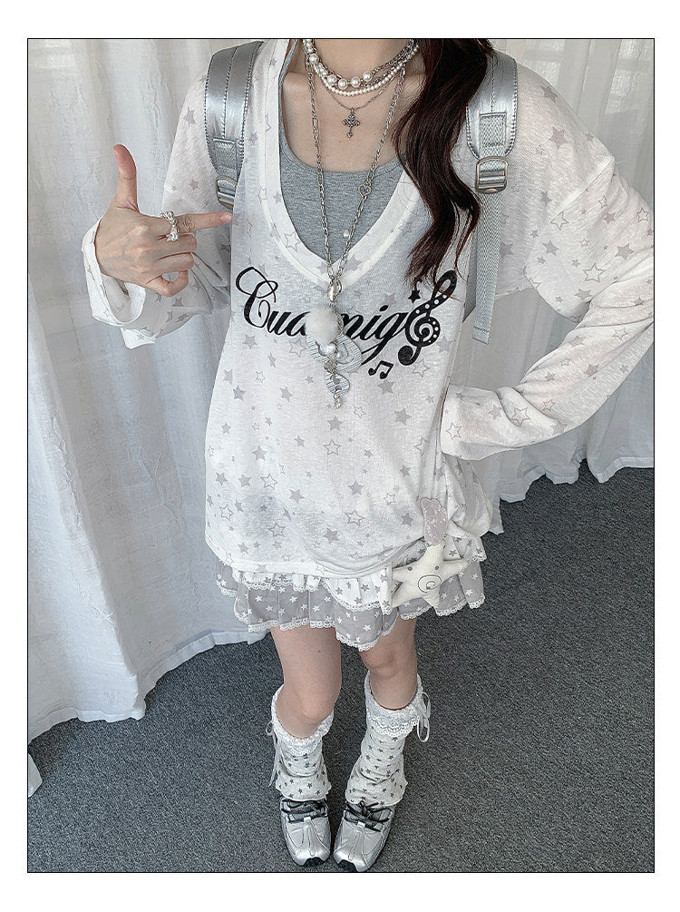 Star Veil Halter Two-Piece Long Sleeve Top Set