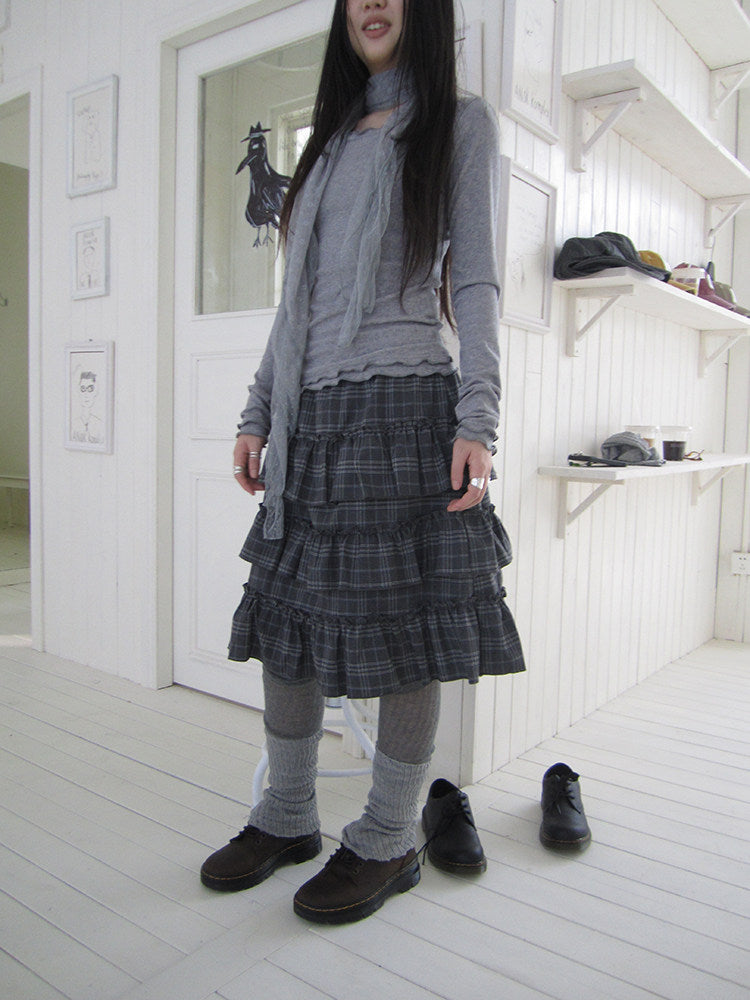 Vintage Gray Plaid Tiered Ruffle Skirt