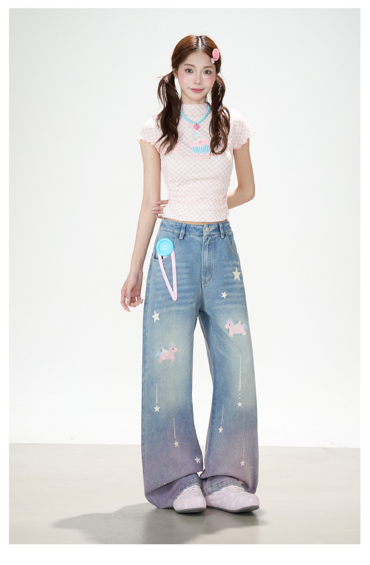 Dreamy Unicorn Star Washed Wide-Leg Jeans