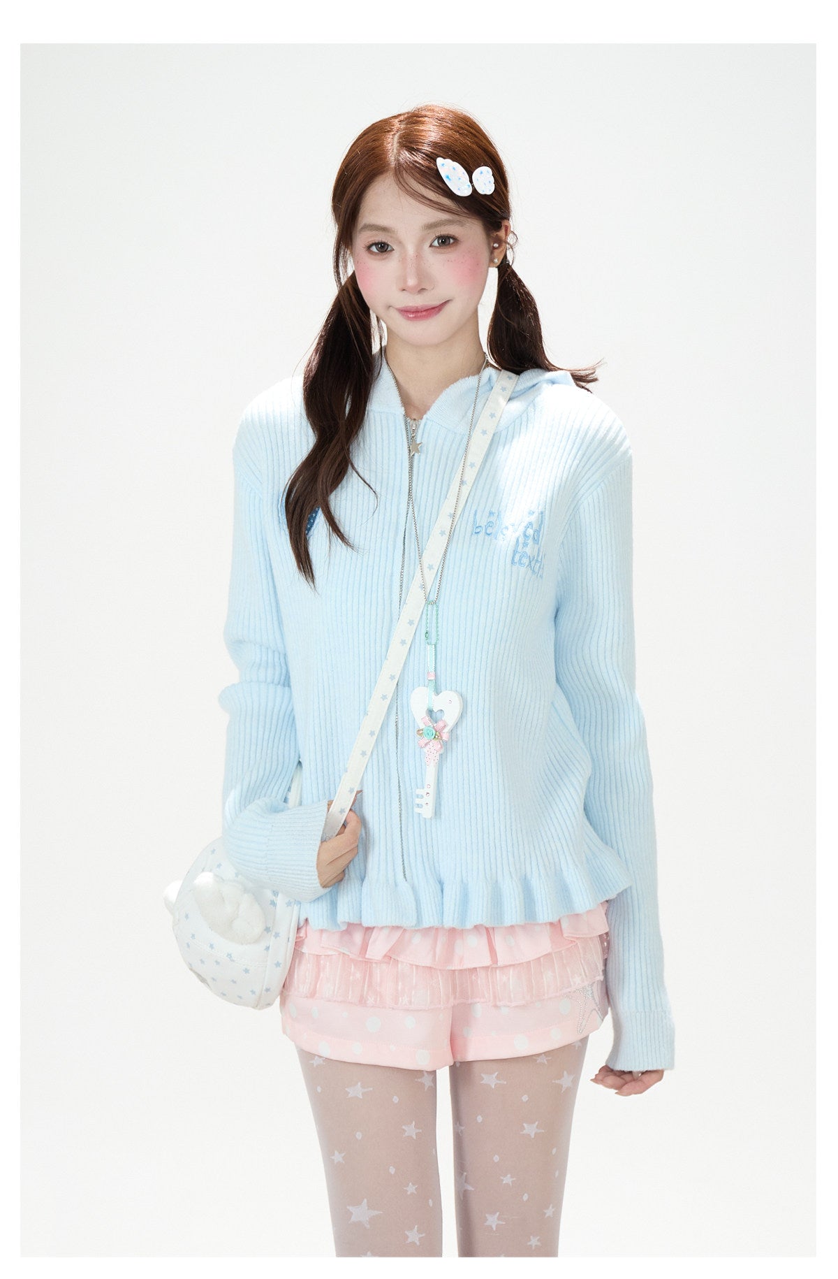 Cat-Ear Hooded Knit Zip Cardigan & Pink Ruffle Shorts