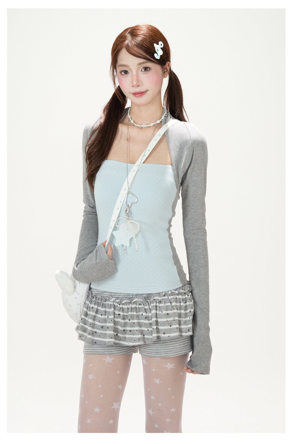 Polka-Dot Layered Cami Long Sleeve Top & Gray Ruffle Shorts
