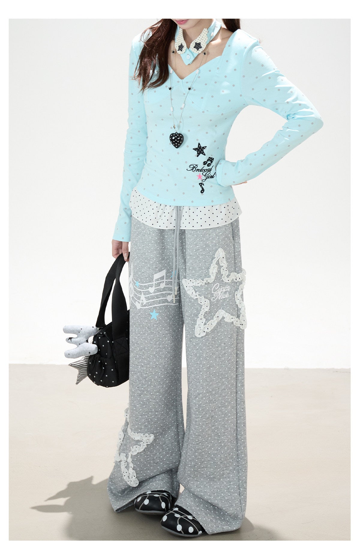 Polka-Dot V-Neck Long Sleeve Top & Lace Star Wide-Leg Pants