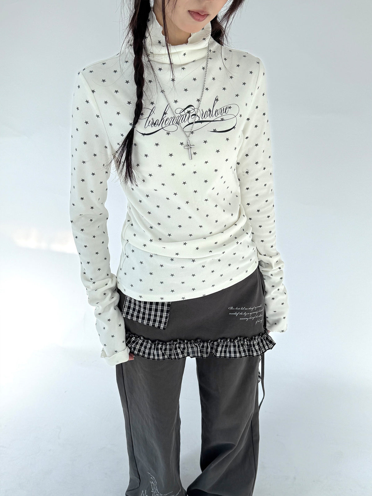 Star Print Mock Neck Thermal Long Sleeve Top