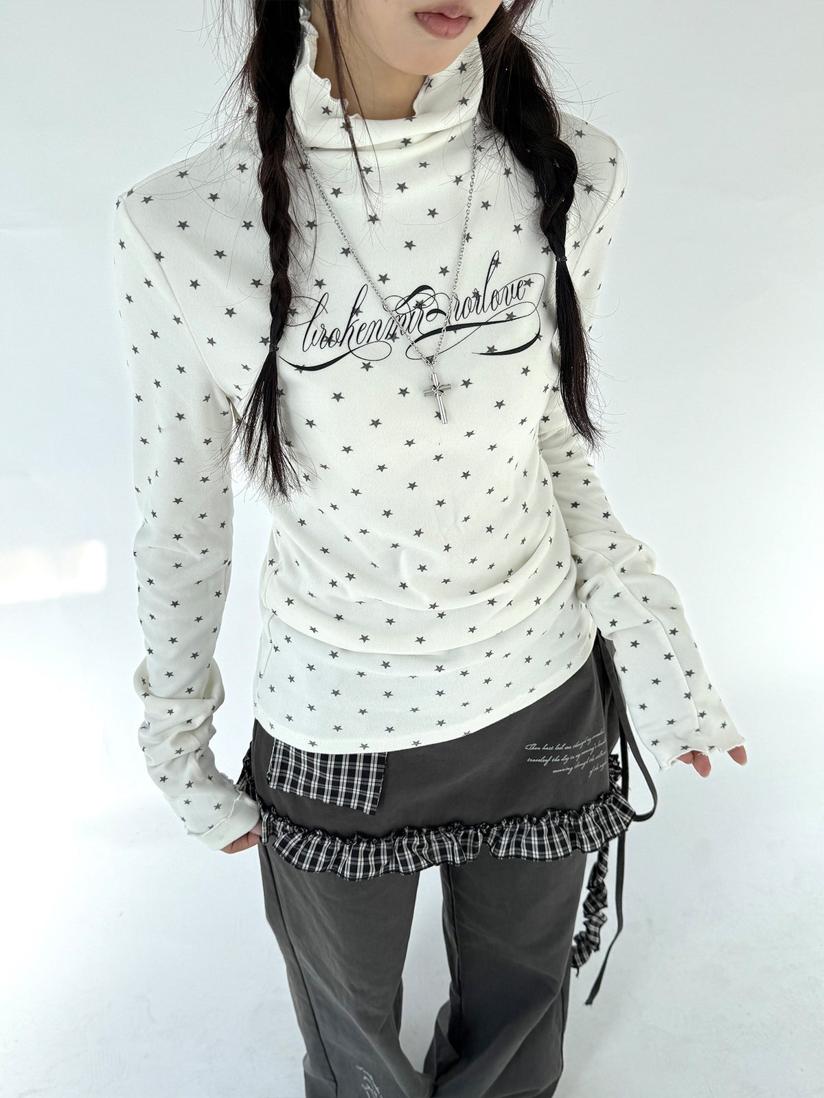 Star Print Mock Neck Thermal Long Sleeve Top