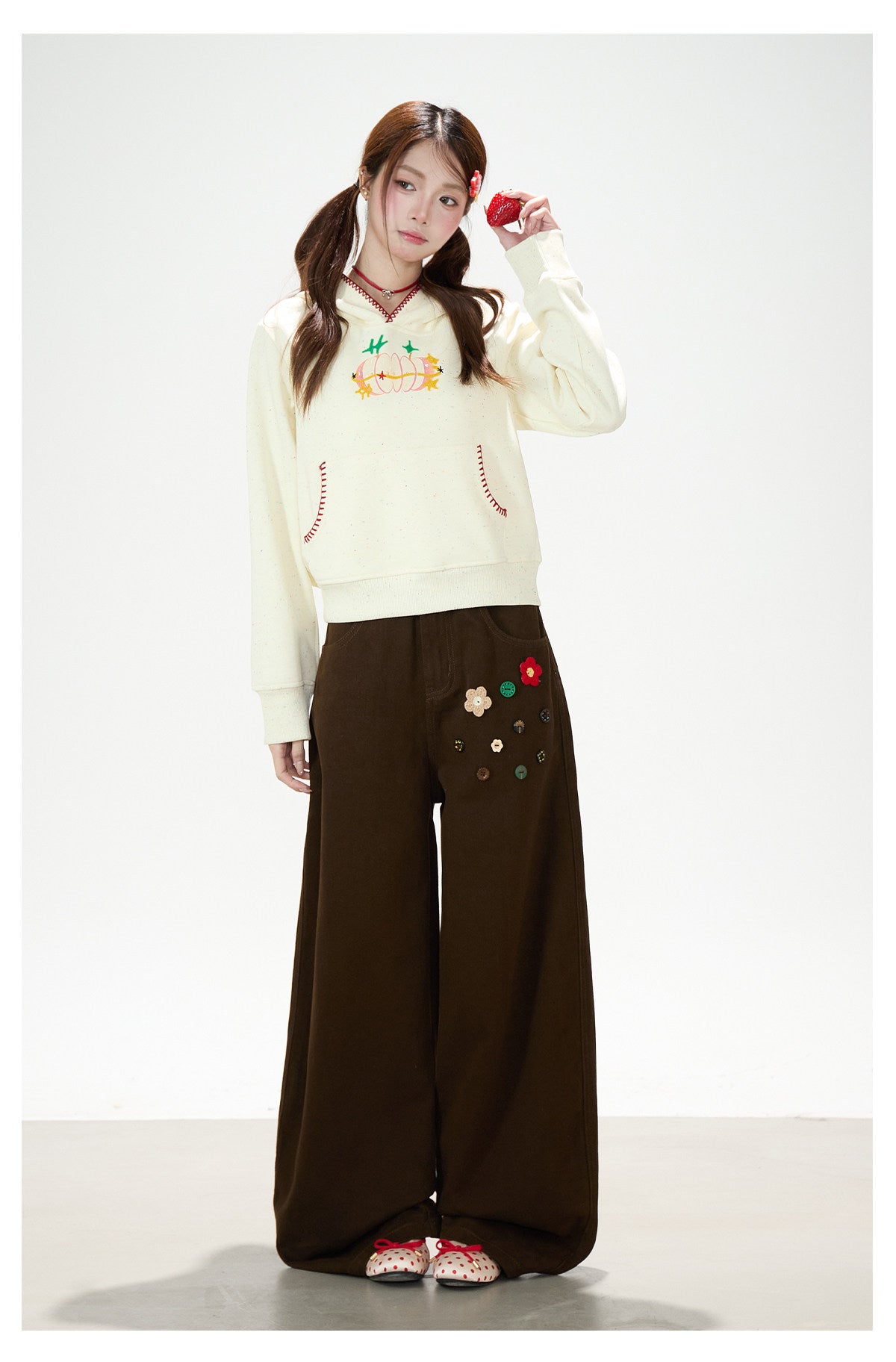 Apple Embroidered Hoodie & Floral Wide-Leg Sweatpants