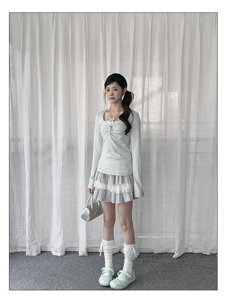 Lace Ruched Layered Long Sleeve Top