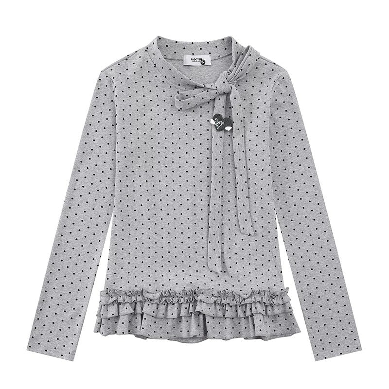 Polka-Dot Bow Ruffle-Hem Long Sleeve Top & Washed Flare Jeans