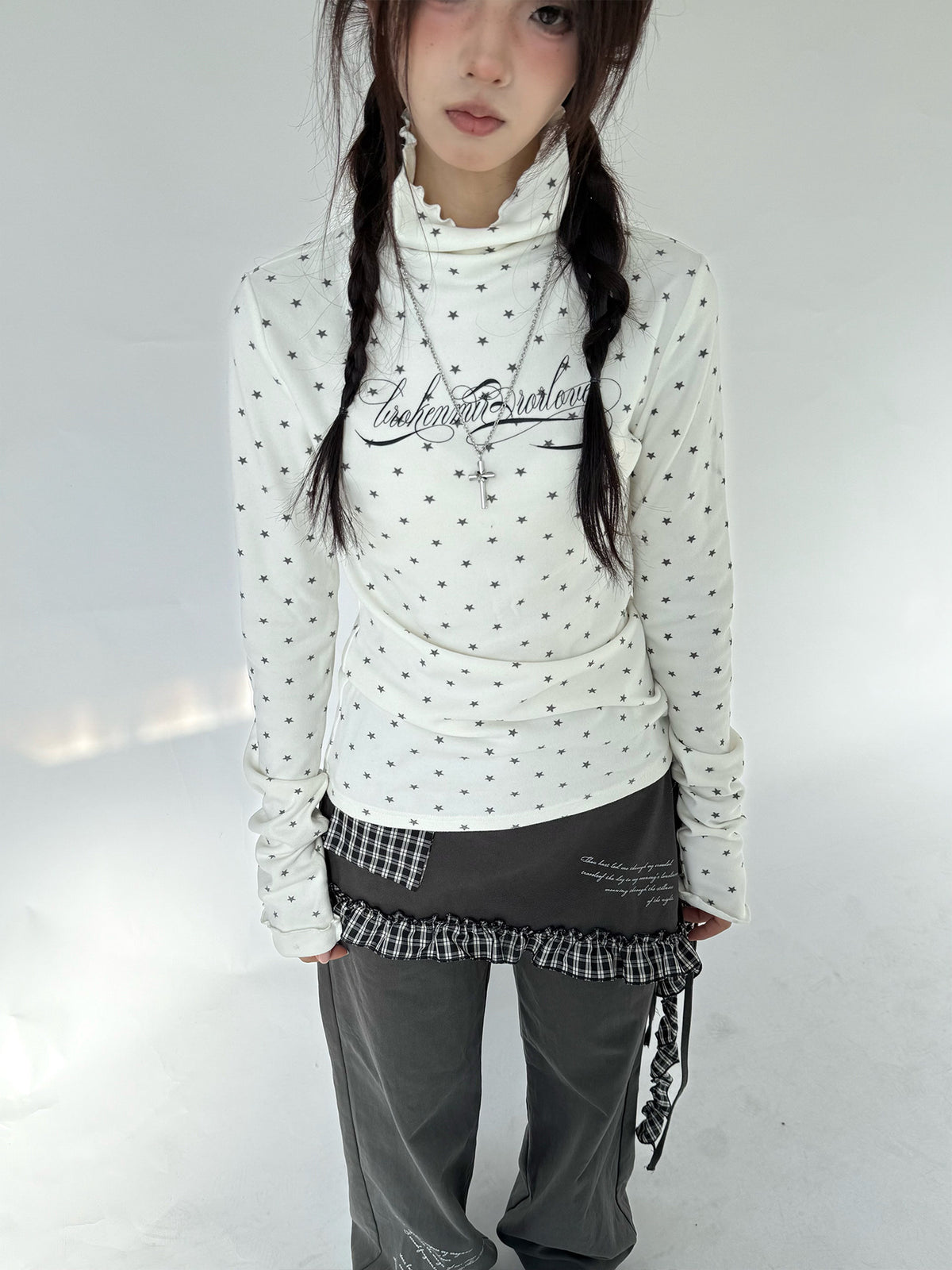 Star Print Mock Neck Thermal Long Sleeve Top