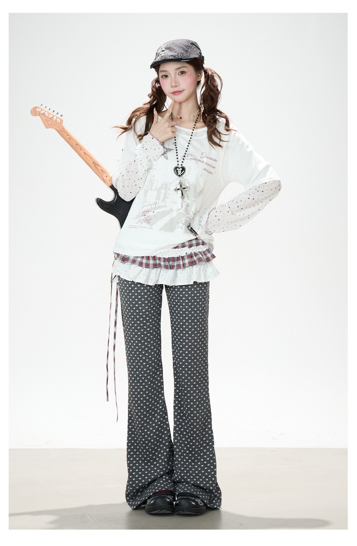 Faux Layered Star Mesh Graphic Long Sleeve Top & Black Star Pleated Mini Skirt