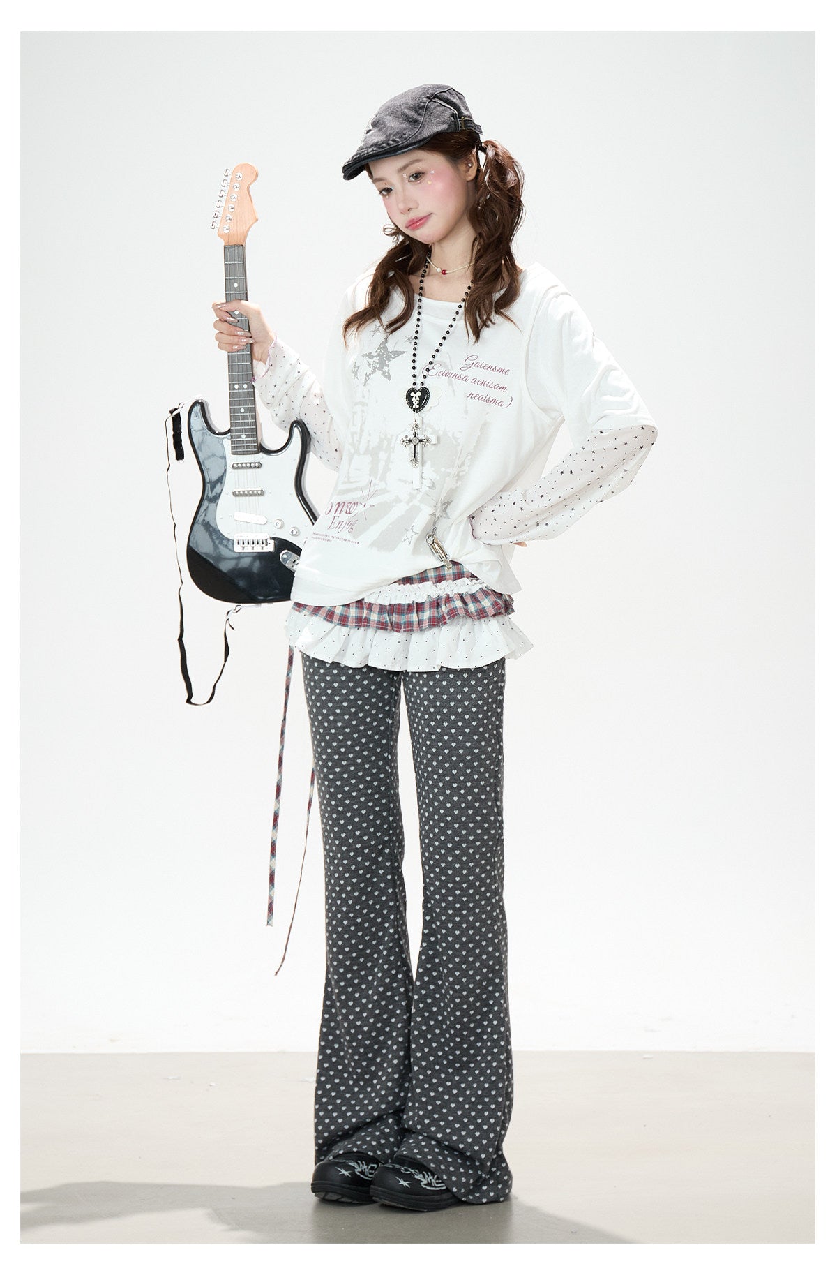 Faux Layered Star Mesh Graphic Long Sleeve Top & Black Star Pleated Mini Skirt