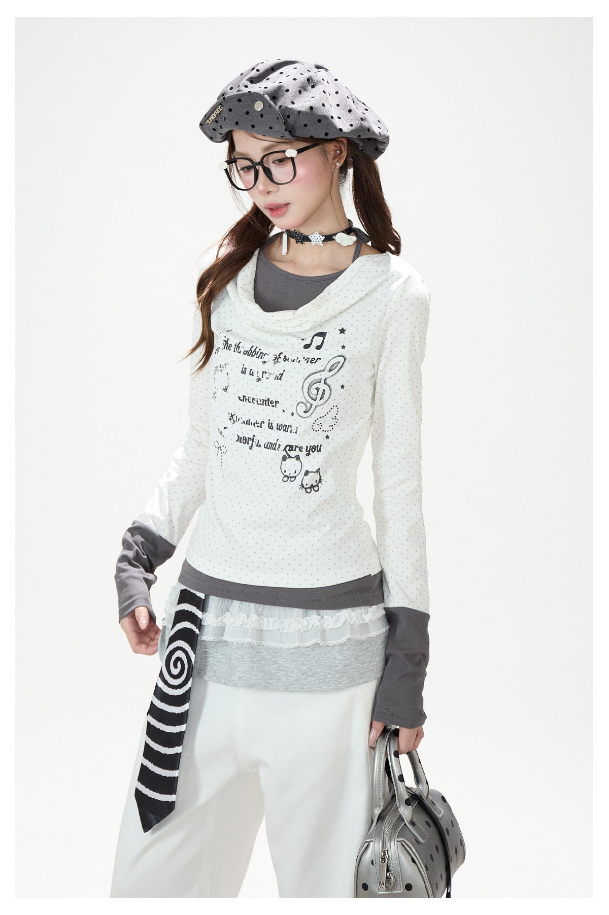 Music Note Cat Polka-Dot Layered Long Sleeve Top & White Wide-Leg Pants