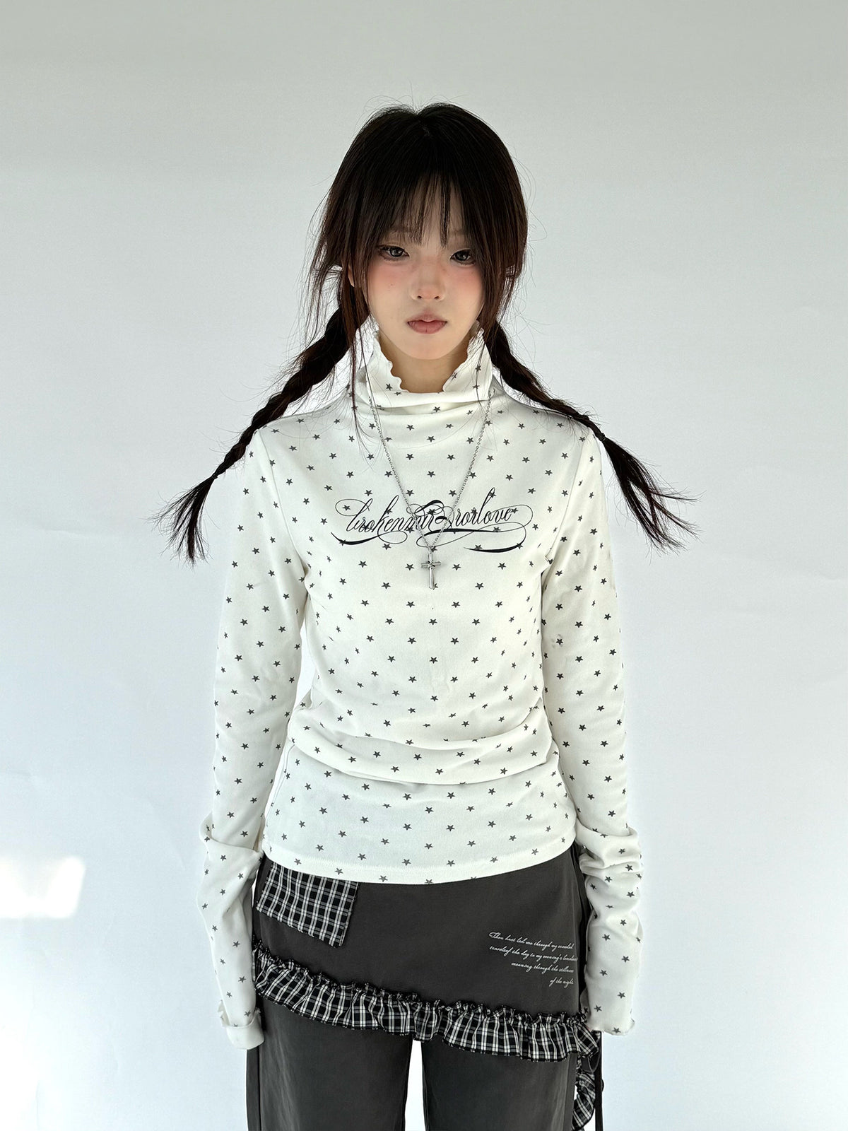Star Print Mock Neck Thermal Long Sleeve Top