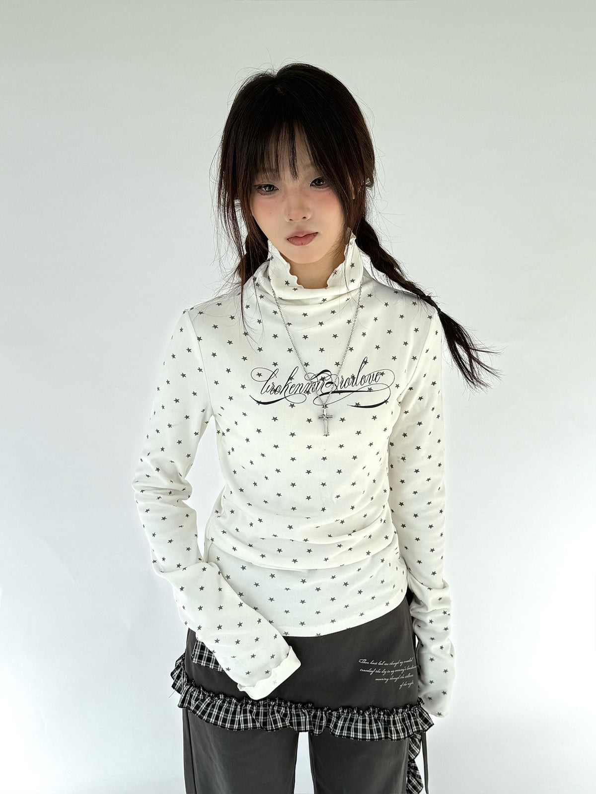 Star Print Mock Neck Thermal Long Sleeve Top
