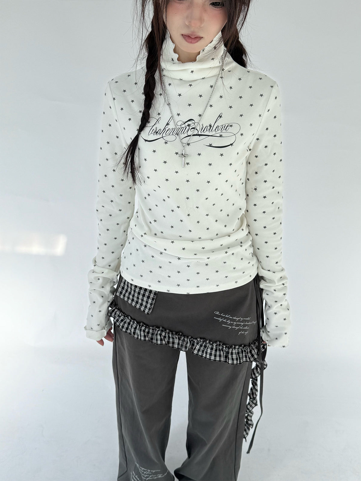 Star Print Mock Neck Thermal Long Sleeve Top