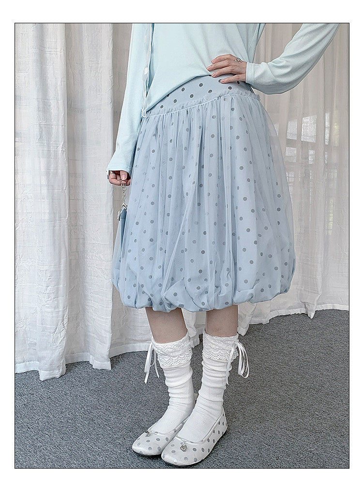 Powder Blue Polka Dot Bubble Midi Skirt
