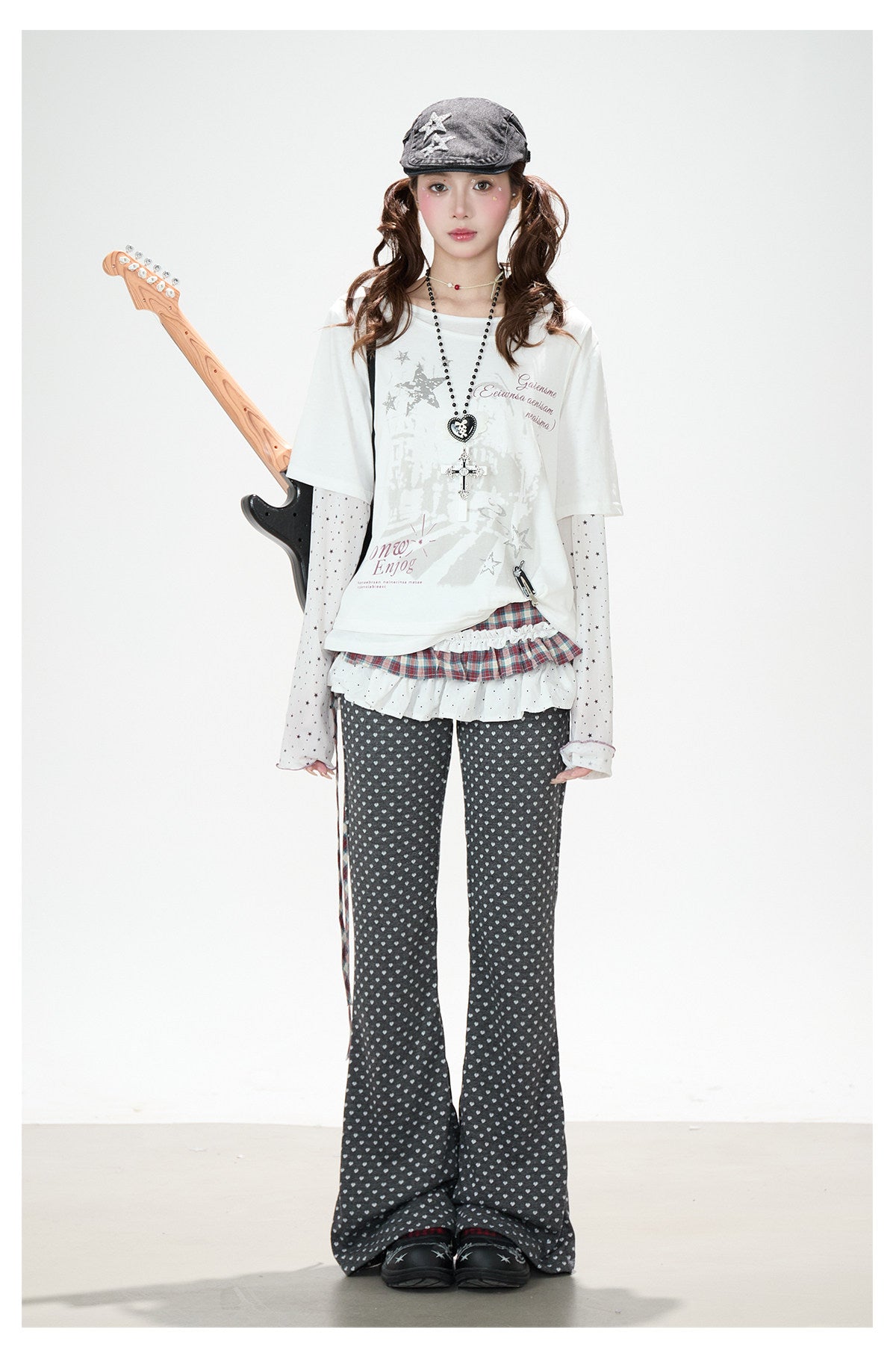 Faux Layered Star Mesh Graphic Long Sleeve Top & Black Star Pleated Mini Skirt