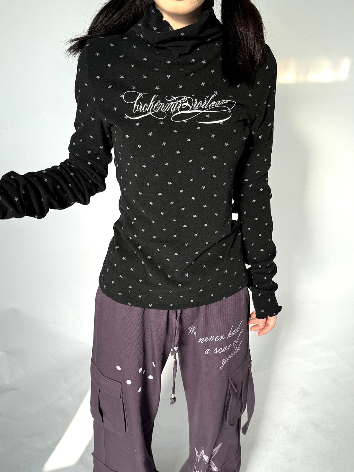 Star Print Mock Neck Thermal Long Sleeve Top
