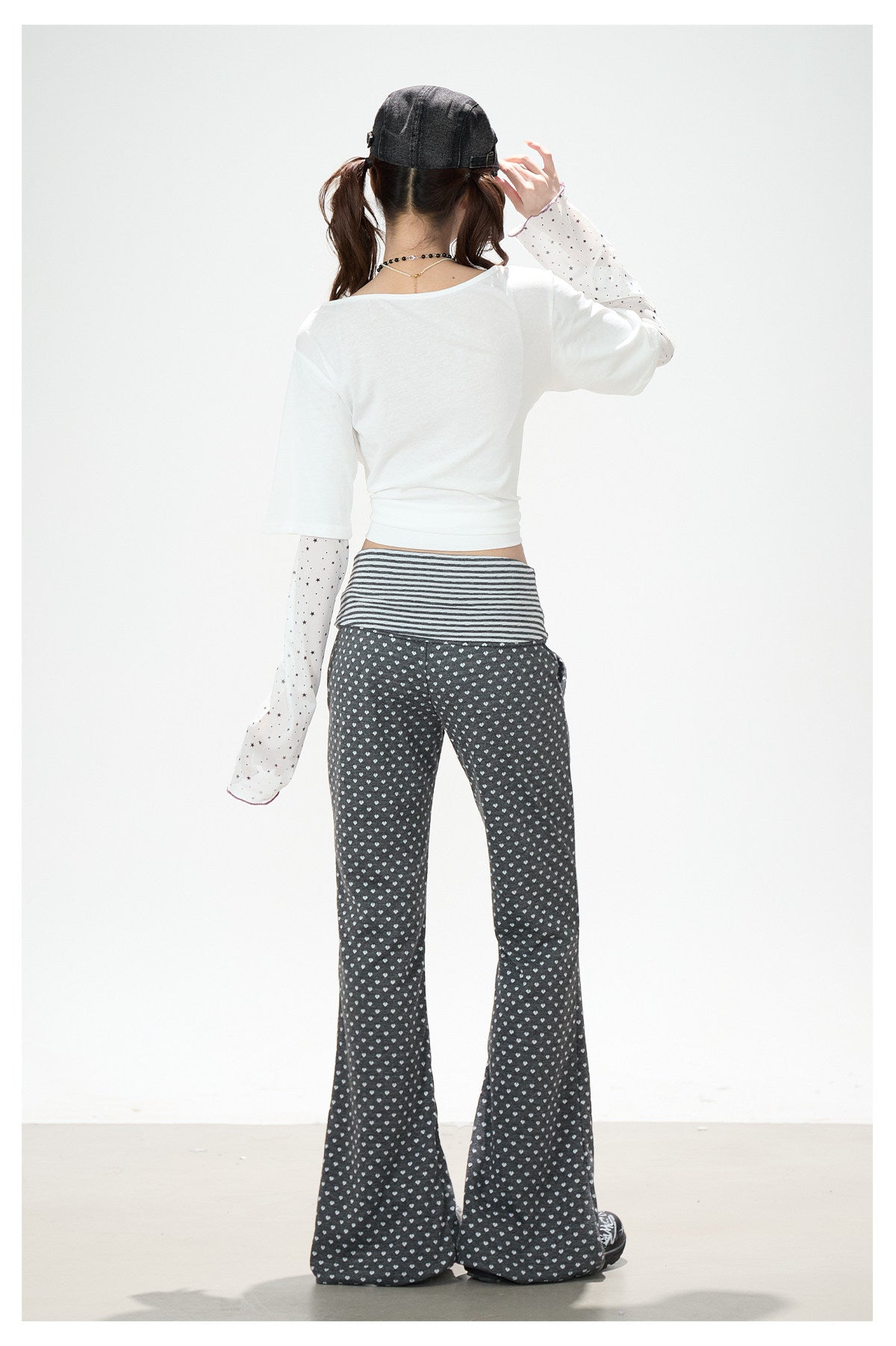 Faux Layered Star Mesh Graphic Long Sleeve Top & Black Star Pleated Mini Skirt